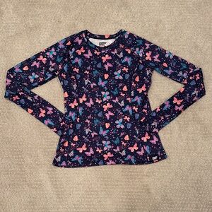 Lands' End Girls Thermal Base Long Sleeved Shiry, Butterfly Design on Navy, XL